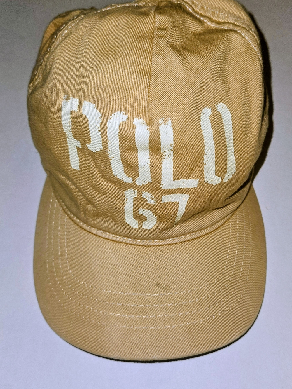 Vintage Polo Ralph Lauren “Polo 67” Distressed Spellout Hat Tan Strapback Cap